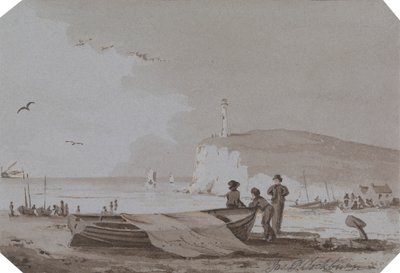 Escena costera con figuras, barcos, faro, etc. de James Pattison Cockburn