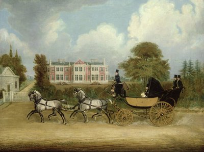 Un carruaje tirado por cuatro grises pasando por una mansión jacobea de James Pollard
