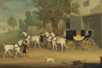El carruaje privado de John Smith Barry y el equipo gris en Marbury Hall, Cheshire de James Pollard