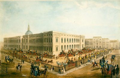 Vista noreste de la antigua Oficina General de Correos con los carruajes del Correo Real preparándose para partir, c.1830 de James Pollard