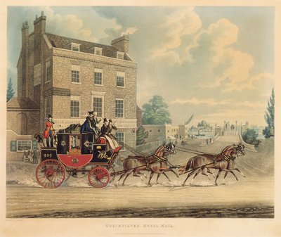 Correo Real Quicksilver pasando el Star and Garter en Kew Bridge, 1835 de James Pollard