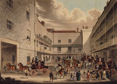 Coaches de correos reales preparándose para partir hacia el oeste de Inglaterra en el patio del 
