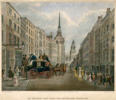 El coche de Cambridge saliendo del patio Belle Sauvage, Ludgate Hill, Londres de James Pollard