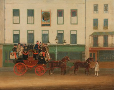 La diligencia Londres-Manchester, "the Peveril of the Peak", frente al Peacock Inn, Islington. de James Pollard
