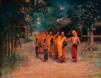 Monjes birmanos pidiendo limosna en un pueblo - Temprano en la mañana, 1913 de James Raeburn Middleton