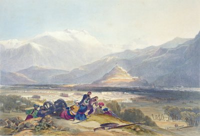 Bala Hissar y la ciudad de Kabul con los campamentos británicos desde la colina Ba Maroo, hostilidades comenzando, placa 16 de 