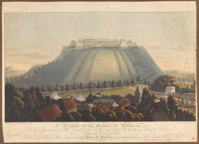 Vista de la fortaleza de Bitche. Un depósito de castigo para prisioneros de guerra británicos, 1799 de James Rouse