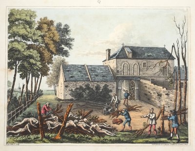 Castillo de Hougoumont: muestra a los muertos siendo enterrados después de la batalla de James Rouse