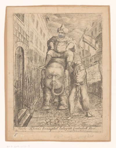 Spotprent de Charles Fox Entrada triunfal de Carlo Khan en Leadenhall Street (título sobre el objeto) de James Sayers