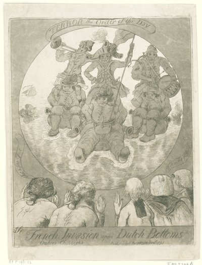 Spotprent op de Franse invasie, 1795 Invasión francesa sobre fondos holandeses. Ombres Chinoises / Terror the Order of the Day (título sobre objeto) de James Sayers