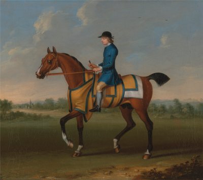 Un caballo de carreras de la bahía con jockey arriba de James Seymour
