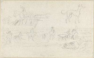 Cazadores con sabuesos y una liebre agazapada [recto] de James Seymour