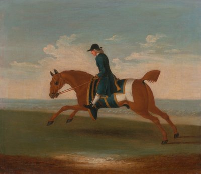 Uno de los cuatro retratos de caballos - un caballo de carreras alazán ejercitado por un entrenador con bata azul: galopa hacia la izquierda, el caballo lleva sudadera azul y mantilla ribeteada de oro de James Seymour