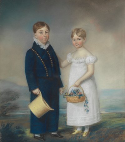Niño con sombrero y niña con cesta de flores, de pie en un paisaje de James Sharples
