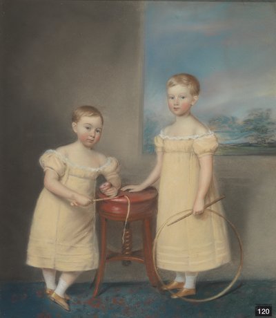 Dos niñas vestidas de amarillo, la mayor con un aro y un palo y la menor con una fusta y un látigo de James Sharples
