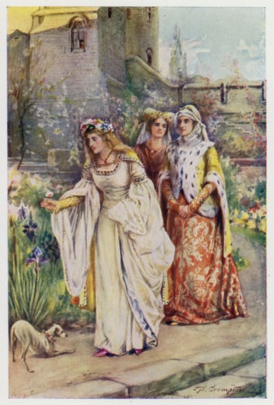 Allí en el jardín caminaba la dama más hermosa que jamás había visto, escena de The Kingis Quair de James Shaw Crompton