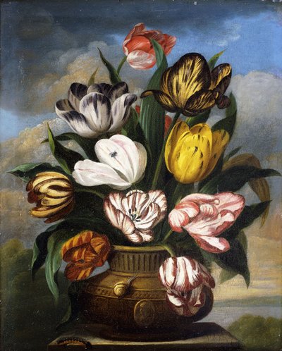 Tulipanes en un jarrón, con una oruga, un caracol y una mosca, sobre un pedestal en un paisaje, 1826 de James Sillett