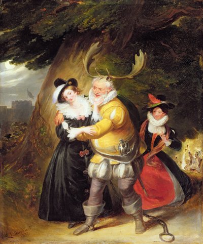 Falstaff en el roble de Herne de Las alegres comadres de Windsor, Acto V, Escena V, 1832 de James Stephanoff