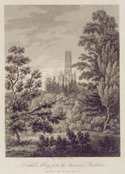 Abadía de Fonthill desde la plantación americana, publicada por W. Clarke, New Bond Street, 1812 de James Storer