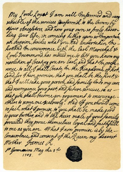 Carta de James Edward Stuart a Simon Fraser, Lord Lovat, St Germains, 3 de mayo de 1703 de James Stuart