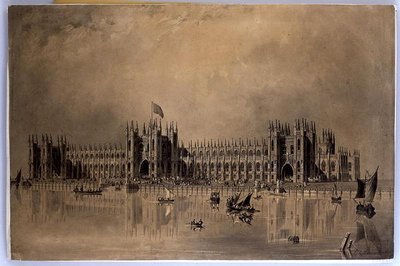 Dibujo en perspectiva de las nuevas Casas del Parlamento propuestas por el artista de James Thomas Knowles
