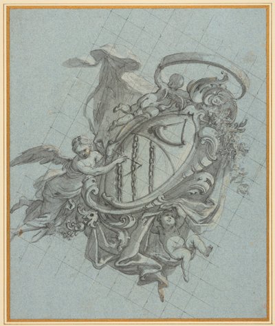 Un escudo con un cuerno y tres cadenas sostenidas por un ángel y dos putti de James Thornhill