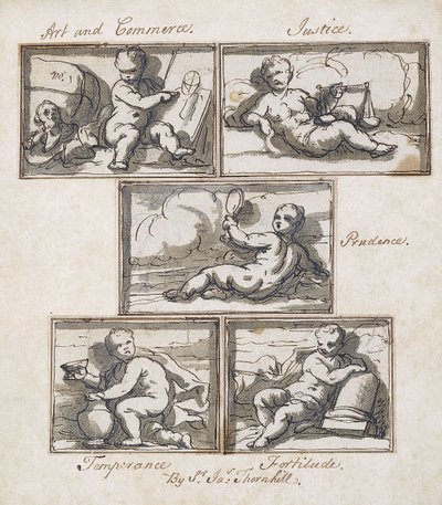 Arte y Comercio; Justicia; Prudencia; Templanza; y Fortaleza de James Thornhill