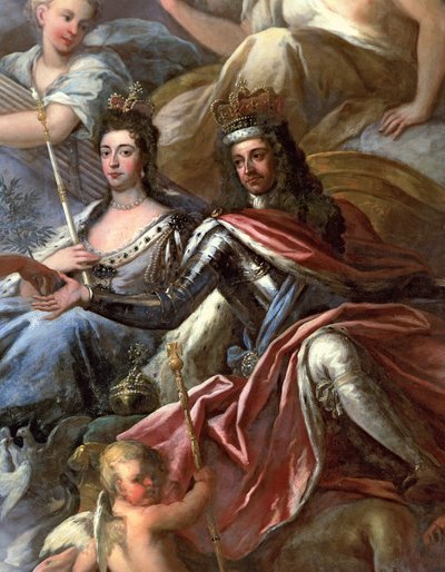 Techo del Salón Pintado (detalle del Rey Guillermo III y la Reina María II entronizados) de James Thornhill
