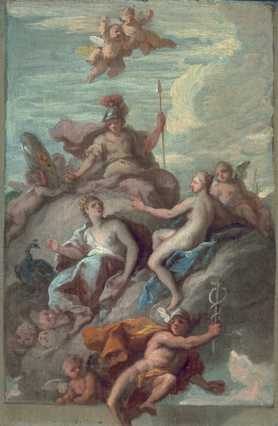 Juno, Minerva y Venus despachando a Mercurio con la manzana de la discordia, c.1718 de James Thornhill
