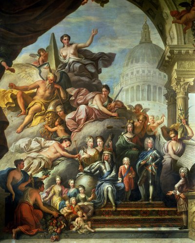 Pintura de la pared trasera del Salón Superior glorificando a Jorge I (1660-1727) y la Casa de Hannover, 1718-24 de James Thornhill