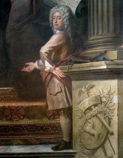 Pintura de la pared trasera del Salón Superior glorificando a Jorge I y la Casa de Hannover (detalle del artista) de James Thornhill
