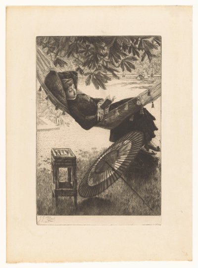 mujer joven, lectura, en, un, hamaca de James Tissot