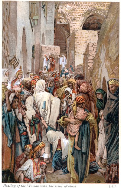 Mujer con flujo de sangre tocando el borde del manto de Jesús y siendo sanada, c. 1890 de James Tissot