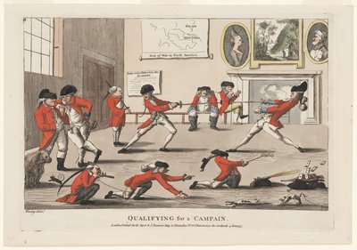 Calificando para una campaña, pub. 1777 (grabado coloreado a mano) de James Verney