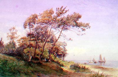 Un picnic en la costa, Isla de Wight, con un yate anclado en alta mar ondeando el estandarte del Royal Yacht Squadron de James Waite