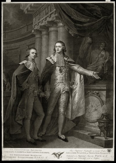 Retratos de los Grandes Duques de Rusia Alejandro I Pavlovich (1777-1825) y Constantino Pavlovich (1779-1831). Obra de James Walker (1748-c. 1808), grabado de 1797. Arte inglés de James Walker