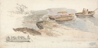 Un bote con toldo y dos botes de remos en un embarcadero; en el recuadro de la izquierda, un estudio a lápiz del transbordador de ganado de Tintern. de James Ward