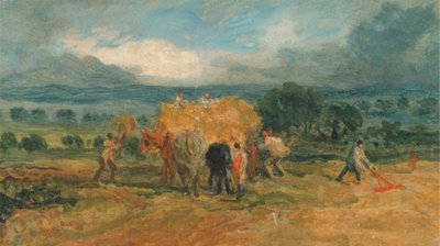 Escena de cosecha con trabajadores cargando heno en un carro agrícola de James Ward