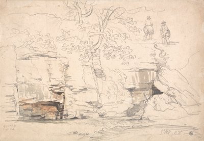 Una ladera rocosa con árboles y figuras de James Ward