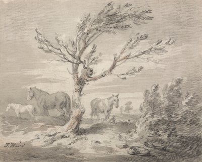 Paisaje con tres caballos y un árbol en primer plano de James Ward