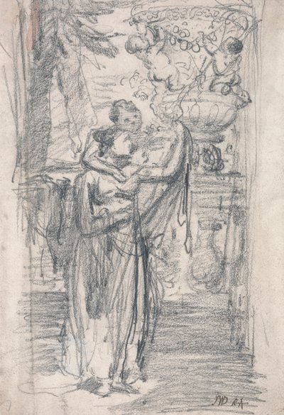Dos niñas (o una dama y su hijo) en una terraza cerca de una urna ornamental de James Ward
