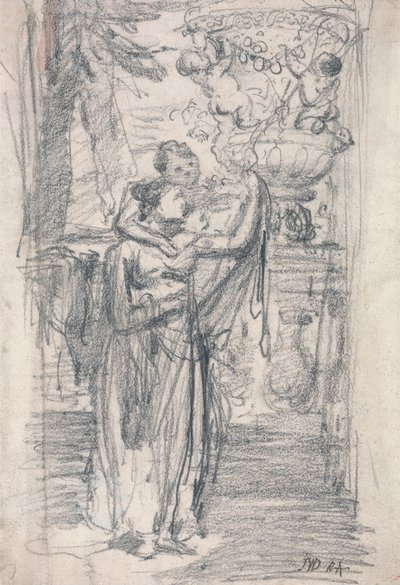 Dos niñas (o dama y niño) en una terraza cerca de una urna ornamental de James Ward