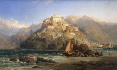 Vista de San Sebastián (España), en el centro, el monte Urgull y los edificios del castillo de Santa Cruz de la Mota. Óleo sobre lienzo de James Webb (activo entre 1853 y 1888). de James Webb