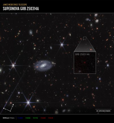 Ampliación de GRB 250314A (imagen de la NIRCam de Compass) de James Webb Space Telescope (NASA)