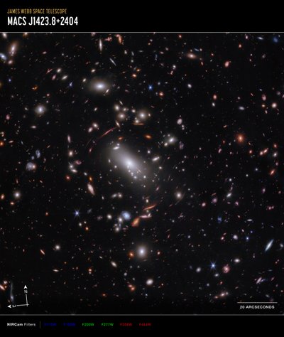 Cúmulo de galaxias MACS J1423 (imagen de la NIRCam Compass) de James Webb Space Telescope (NASA)