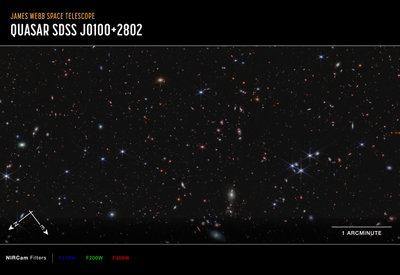 Quasar J0100+2802 (Imagen de brújula NIRCam) de James Webb Space Telescope (NASA)