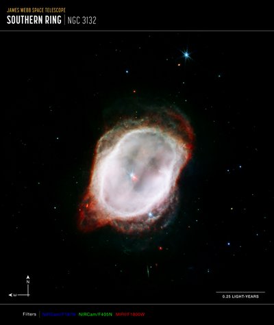 Gas de la nebulosa del Anillo Sur (imagen compuesta de NIRCam y MIRI) de James Webb Space Telescope (NASA)