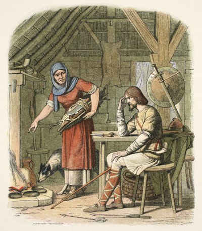 Alfredo en la cabaña del vaquero, c.AD 878, de Una Crónica de Inglaterra BC 55 a AD 1485, pub. Londres de James William Edmund Doyle