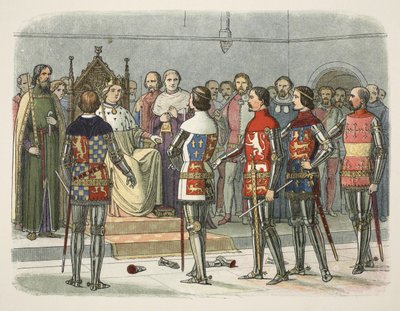 Arundel, Gloucester, Nottingham, Derby y Warwick ante Ricardo II, de Una crónica de Inglaterra BC 55 a AD 1485, pub. Londres de James William Edmund Doyle