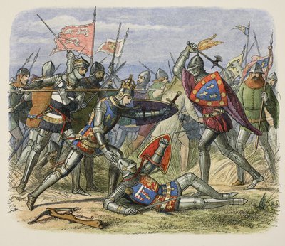Enrique V atacado por el duque de Alençon en el campo de batalla, de Una crónica de Inglaterra BC 55 a AD 1485, pub. Londres de James William Edmund Doyle